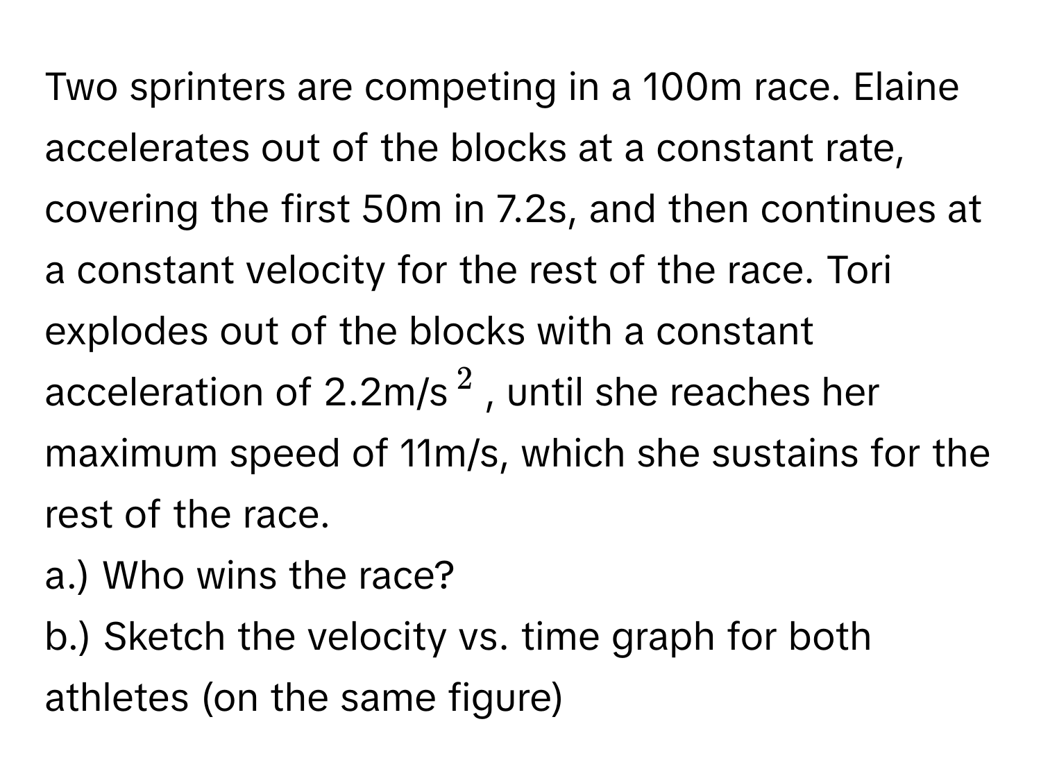 Two sprinters are competing in a 100m race. Elaine accelerates out of the blocks at a constant rate, covering the first 50m in 7.2s, and then continues at a constant velocity for the rest of the race. Tori explodes out of the blocks with a constant acceleration of 2.2m/s$^2$, until she reaches her maximum speed of 11m/s, which she sustains for the rest of the race.

a.) Who wins the race?
b.) Sketch the velocity vs. time graph for both athletes (on the same figure)