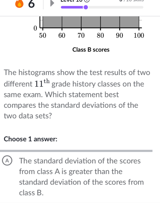 6
0
50 60 70 80 90 100
Class B scores
The histograms show the test results of two
different 11^(th) grade history classes on the
same exam. Which statement best
compares the standard deviations of the
two data sets?
Choose 1 answer:
A The standard deviation of the scores
from class A is greater than the
standard deviation of the scores from
class B.