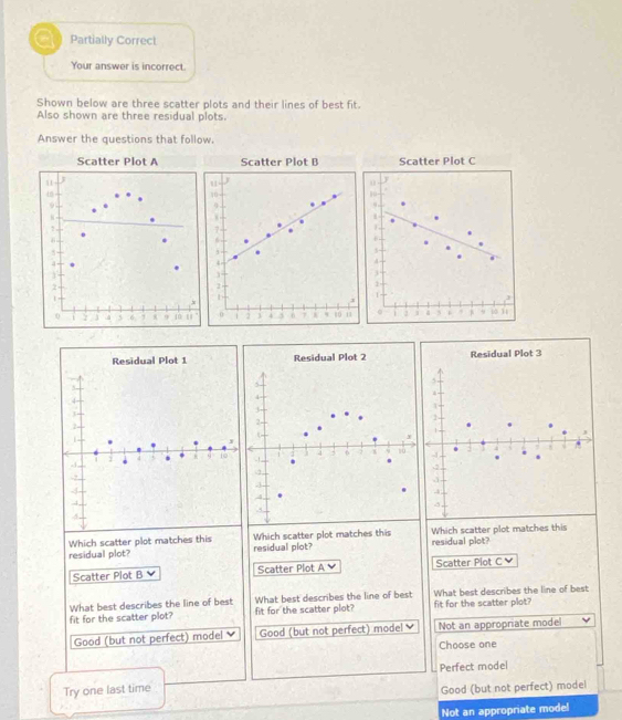 Partially Correct
Your answer is incorrect.
Shown below are three scatter plots and their lines of best fit.
Also shown are three residual plots.
Answer the questions that follow.
Scatter Plot C
j
.
5
4
3
1
1
2 a 3 , 9 10 11
Residual Plot 3
5
1.
.
-2
3
Which scatter plot matches this Which scatter plot matches this residual plot? Which scatter plot matches this
residual plot? residual plot?
Scatter Plot B v Scatter Plot A Scatter Plot C 
fit for the scatter plot? What best describes the line of best What best describes the line of best fit for the scatter plot? What best describes the line of best
fit for the scatter plot?
Good (but not perfect) model Good (but not perfect) model ￥ Not an appropriate model
Choose one
Try one last time Perfect model
Good (but not perfect) model
Not an appropriate mode!