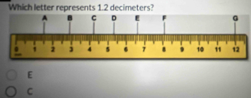 Which letter represents 1.2 decimeters?
E
C