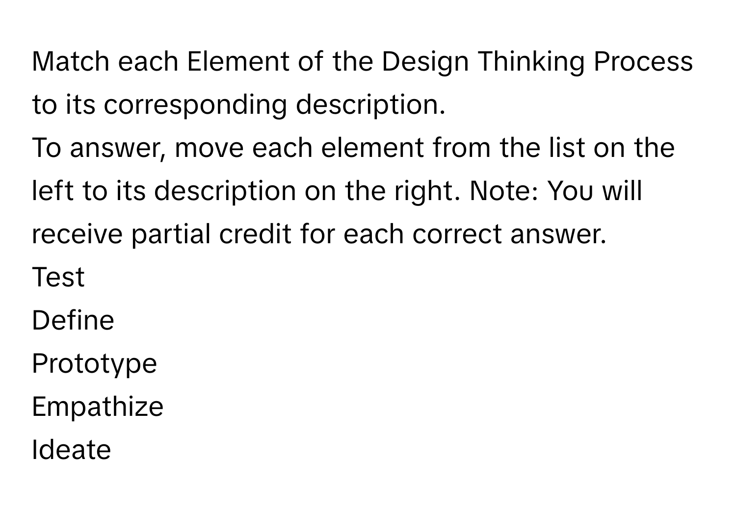 Match each Element of the Design Thinking Process to its corresponding description.

To answer, move each element from the list on the left to its description on the right. Note: You will receive partial credit for each correct answer. 

Test
Define
Prototype
Empathize
Ideate