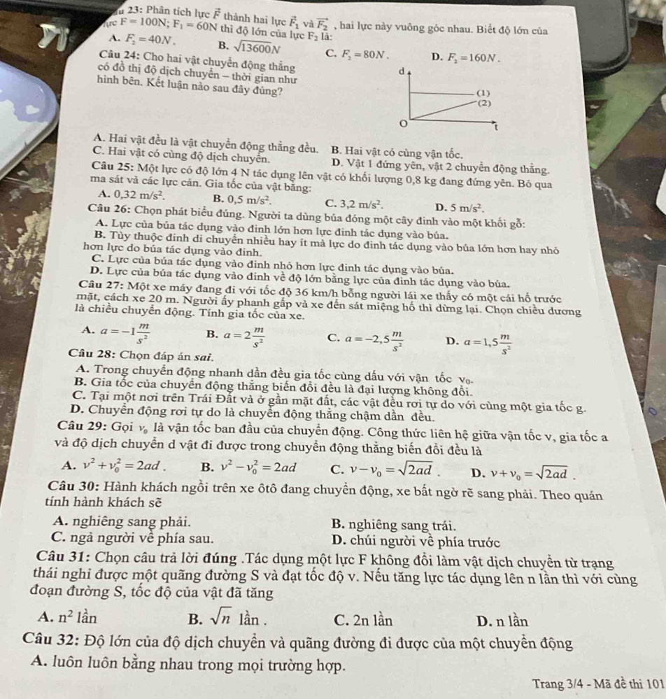 lu 23: Phân tích lực vector F thành hai lực vector F_1 và vector F_2 , hai lực này vuông góc nhau. Biết độ lớn của
Tực F=100N;F_1=60N thì độ lớn của lực F_2 là:
A. F_2=40N. B. sqrt(13600)N C. F_2=80N. D. F_2=160N.
Câu 24: Cho hai vật chuyển động thẳng
có đồ thị độ dịch chuyển - thời gian như
hình bên. Kết luận nào sau đây đúng?
A. Hai vật đều là vật chuyển động thắng đều. B. Hai vật có cùng vận tốc.
C. Hai vật có cùng độ dịch chuyển. D. Vật 1 đứng yên, vật 2 chuyển động thắng.
Câu 25: Một lực có độ lớn 4 N tác dụng lên vật có khối lượng 0,8 kg đang đứng yên. Bỏ qua
ma sát và các lực cản. Gia tốc của vật bằng:
A. 0,32m/s^2. B. 0,5m/s^2. C. 3,2m/s^2. D. 5m/s^2.
Câu 26: Chọn phát biểu đúng. Người ta dùng bủa đóng một cây đinh vào một khối gỗ:
A. Lực của bủa tác dụng vào đinh lớn hơn lực đinh tác dụng vào bủa.
B. Tùy thuộc đinh di chuyển nhiều hay ít mà lực do đinh tác dụng vào bủa lớn hơn hay nhỏ
hơn lực do búa tác dụng vào đinh.
C. Lực của bủa tác dụng vào đinh nhỏ hơn lực đinh tác dụng vào búa.
D. Lực của búa tác dụng vào đinh về độ lớn bằng lực của đinh tác dụng vào búa.
Câu 27: Một xe máy đang đi với tốc độ 36 km/h bổng người lái xe thấy có một cái hố trước
mặt, cách xe 20 m. Người ấy phanh gấp vả xe đến sát miệng hố thì dừng lại. Chọn chiều dương
là chiều chuyển động. Tính gia tốc của xe.
A. a=-1 m/s^2  B. a=2 m/s^2  C. a=-2,5 m/s^2  D. a=1,5 m/s^2 
Câu 28: Chọn đáp án sai.
A. Trong chuyển động nhanh dần đều gia tốc cùng dấu với vận tốc vậ.
B. Gia tốc của chuyển động thắng biến đổi đều là đại lượng không đổi.
C. Tại một nơi trên Trái Đất và ở gần mặt đất, các vật đều rơi tự do với cùng một gia tốc g.
D. Chuyển động rơi tự do là chuyển động thằng chậm dần đều.
Câu 29: Gọi v_0 là vận tốc ban đầu của chuyển động. Công thức liên hệ giữa vận tốc v, gia tốc a
và độ dịch chuyển d vật đi được trong chuyển động thằng biến đổi đều là
A. v^2+v_0^(2=2ad. B. v^2)-v_0^(2=2ad C. v-v_0)=sqrt(2ad). D. v+v_0=sqrt(2ad).
Câu 30: Hành khách ngồi trên xe ôtô đang chuyển động, xe bất ngờ rẽ sang phải. Theo quán
tính hành khách sẽ
A. nghiêng sang phải. B. nghiêng sang trái.
C. ngà người về phía sau. D. chúi người về phía trước
Câu 31: Chọn câu trả lời đúng .Tác dụng một lực F không đổi làm vật dịch chuyền từ trạng
thái nghi được một quãng đường S và đạt tốc độ v. Nếu tăng lực tác dụng lên n lần thì với cùng
đoạn đường S, tốc độ của vật đã tăng
A. n^2lan B. sqrt(n) lần . C. 2n lần D. n lần
Câu 32: Độ lớn của độ dịch chuyển và quãng đường đi được của một chuyển động
A. luôn luôn bằng nhau trong mọi trường hợp.
Trang 3/4 - Mã đề thi 101