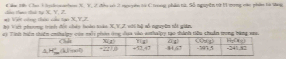 Cầu 10: Cho 3 hydrocarbon X. Y, Z đều có 2 nguyên từ C trong phần từ. Số nguyên từ H trong các phần tử tăng
din theo tinứ tự X. Y. Z.
a) Viết công thức cầu tạo X,Y,Z.
b) Viết phương trình đốt cháy hoán toán X,Y,Z với hệ số nguyên tối giản.
e) Tinh biến thiên enthalpy của mỗi phản ứng dựa vào enthalpy tạo thành tiểu chuẩn trong bảng sau.