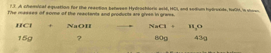 A chemical equation for the reaction between Hydrochloric acid, HCI, and sodium hydroxide, NaOH, Is shown. 
The masses of some of the reactants and products are given in grams.
HCl + NaOH NaCl+H_2O
15g ? 80g 43g