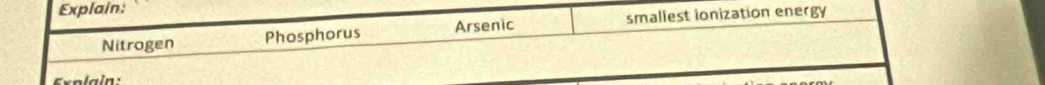 Explain:
Nitrogen Phosphorus Arsenic smallest ionization energy
xolain: