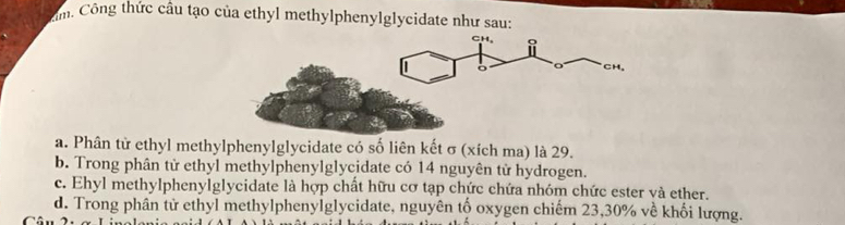 Công thức câu tạo của ethyl methylphenylglycidate như sau:
a. Phân từ ethyl methylphenylglycidate có số liên kết σ (xích ma) là 29.
b. Trong phân tử ethyl methylphenylglycidate có 14 nguyên tử hydrogen.
c. Ehyl methylphenylglycidate là hợp chất hữu cơ tạp chức chứa nhóm chức ester và ether.
d. Trong phân tử ethyl methylphenylglycidate, nguyên tố oxygen chiếm 23, 30% về khối lượng.