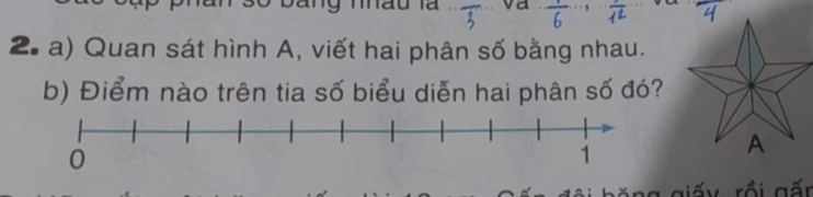 Bang mhau là a 
2. a) Quan sát hình A, viết hai phân số bằng nhau. 
b) Điểm nào trên tia số biểu diễn hai phân số đó? 
A 
L giấx rồi gấn