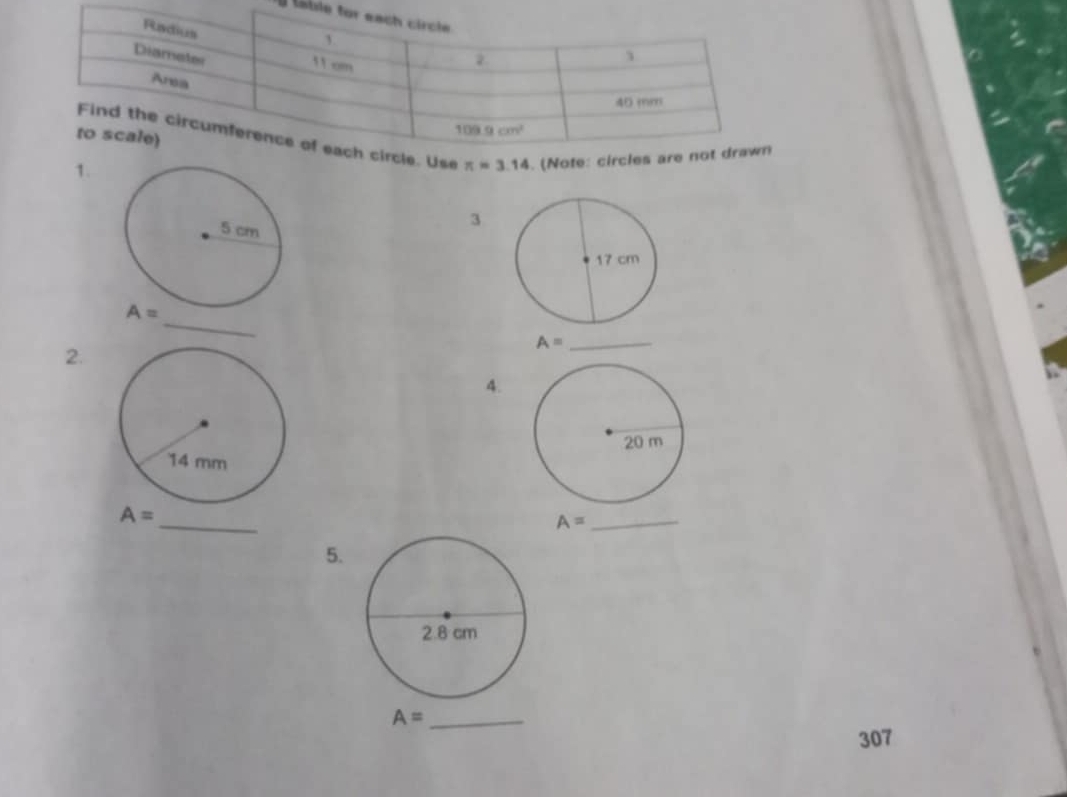 table
cle. Use π =3.14. (Note: circles a
1.
3
_
A=
2.
A= _
4.
_
A=
_ A=
5.
A= _
307