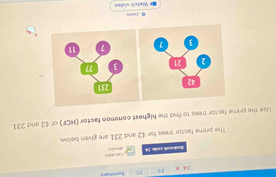 2A* 
2B 2C Summary 
Bookwork code: 2A Caliculator allowed 
The prime factor trees for 42 and 231 are given below. 
Use the prime factor trees to find the highest common factor (HCF) of 42 and 231. 
@ Zoom 
Watch video