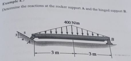 Example 4. 
Determine the reactions at the rocker support A and the hinged support B