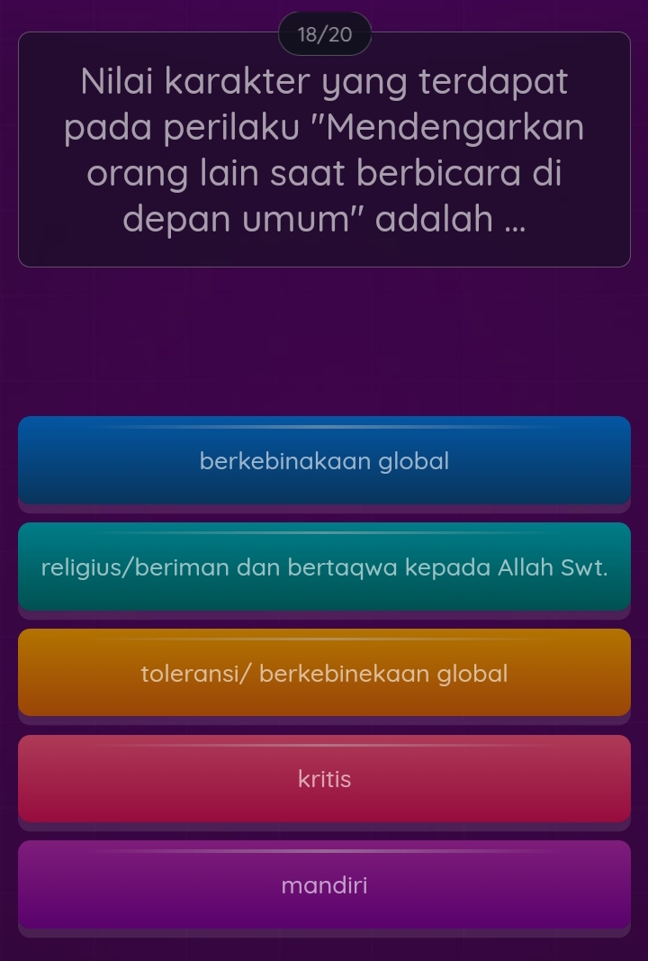 18/20
Nilai karakter yang terdapat
pada perilaku ''Mendengarkan
orang lain saat berbicara di
depan umum'' adalah ...
berkebinakaan global
religius/beriman dan bertaqwa kepada Allah Swt.
toleransi/ berkebinekaan global
kritis
mandiri