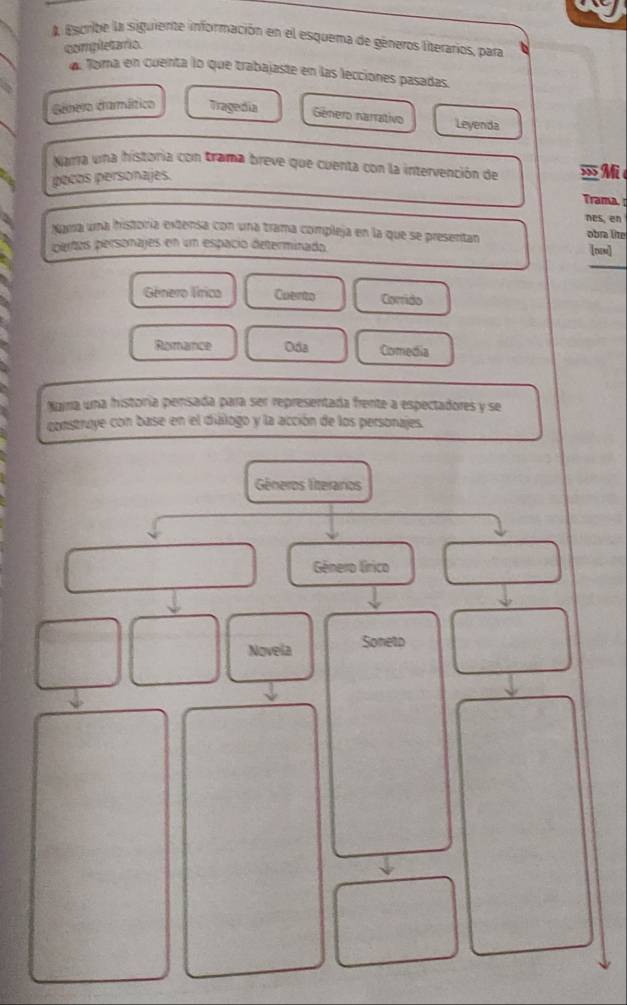 A Escribe la siguiente información en el esquema de géneros literarios, para
completario.
a foma en cuenta lo que trabajaste en las lecciones pasadas.
Género darmítico Tragedia Género narrativo Leyenda
Nama una historia con trama breve que cuenta con la intervención de
pocos personajes.
Trama. :
nes, en
Nama una historía extensa con una trama compleja en la que se presentan obra lite
pertos personajes en un espacio determinado
[DN]
Género lírica Cuerto Corrido
Romance Oda Comedia
Nama una historia pensada para ser representada frente a espectadores y se
construye con base en el dialogo y la acción de los personajes.
Géneros lteranos
Género lírico
Novela Soneto