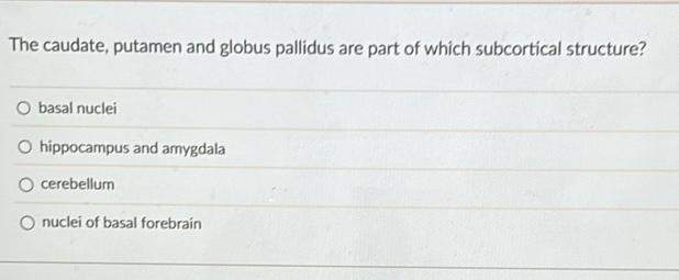 The caudate, putamen and globus pallidus are part of which subcortical structure?
basal nuclei
hippocampus and amygdala
cerebellum
nuclei of basal forebrain