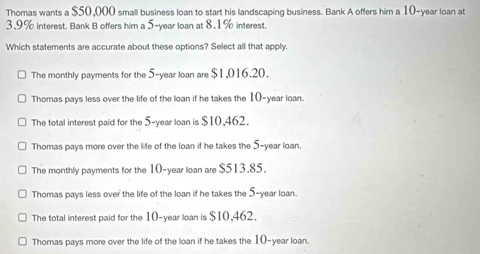 Thomas wants a $50,000 small business loan to start his landscaping business. Bank A offers him a 10-year loan at
3.9% interest. Bank B offers him a 5-year loan at 8.1% interest.
Which statements are accurate about these options? Select all that apply.
The monthly payments for the 5-year loan are $1,016.20.
Thomas pays less over the life of the loan if he takes the 10-year loan.
The total interest paid for the 5-year loan is $10,462.
Thomas pays more over the life of the loan if he takes the 5-year loan.
The monthly payments for the 10-year loan are $513.85.
Thomas pays less over the life of the loan if he takes the 5-year loan.
The total interest paid for the 10-year loan is $10,462.
Thomas pays more over the life of the loan if he takes the 10-year loan.