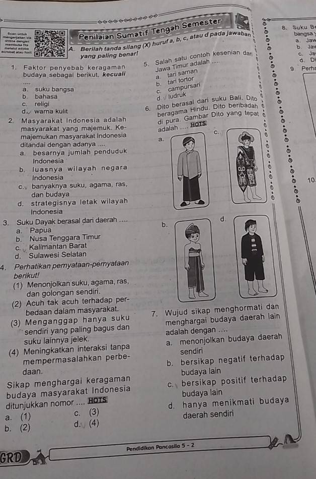 Scan untuk Penilaian Sumatif Tengah Semester B. Suku B bangsa
a. Jav
A. Berilah tanda silang (X) huruf a, b, c, atau d pada jawaban
membuka Tile b Ja
yang paling benar!
5. Salah satu contoh kesenian da c. Ja
d. D
1. Faktor penyebab keragaman
Jawa Timur adalah ... a. tan saman
budaya sebagal berikut, kecuali 9 Perh
b. tari tortor
a. suku bangsa
b. bahasa
d  ludruk c. campursari
6. Dito berasal dari suku Bali. Dito
c. religi
d wama kulit
beragama Hindu. Dito beribada
2. Masyarakat Indonesia adalah
masyarakat yang majemuk. Ke-
adalah .... ROTS di pura. Gambar Dito yang tepat
c.
majemukan masyarakat Indonesia a.
ditandai dengan adanya ....
a. besarnya jumlah penduduk
      
Indonesia
b. luasnya wilayah negara
Indonesia
c. banyaknya suku, agama, ras, 10
dan budaya
d. strategisnya letak wilayah
Indonesia
3. Suku Dayak berasal dari daerah .... b.d.
a.  Papua
b. Nusa Tenggara Timur
c. Kallmantan Barat
d. Sulawesi Selatan
4. Perhatikan pemyataan-pėryataan
berikut!
(1) Menonjolkan suku, agama, ras,
dan golongan sendiri.
(2) Acuh tak acuh terhadap per-
bedaan dalam masyarakat.
(3) Menganggap hanya suku 7. Wujud sikap menghormati dan
menghargai budaya daerah lain
sendiri yang paling bagus dan adalah dengan ....
suku lainnya jelek.
(4) Meningkatkan interaksi tanpa a. menonjolkan budaya daerah
mempermasalahkan perbe- sendiri
b. bersikap negatif terhadap
daan.
Sikap menghargai keragaman budaya lain
budaya masyarakat Indonesia c. bersikap positif terhadap
ditunjukkan nomor .... HOTS budaya lain
a. (1) c. (3) d. hanya menikmati budaya
b. (2) d.∪ (4) daerah sendiri
GRD Pendidikan Pancasila 5 - 2