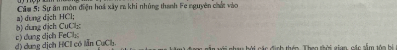 hợp km 
Câu 5: Sự ăn mòn điện hoá xảy ra khi nhúng thanh Fe nguyên chất vào 
a) dung dịch HCl; 
b) dung dịch CuCl_2; 
c) dung dịch FeCl_2; 
d) dung dịch HCl có lẫn CuCl_2. được gắn với nhau bởi các định thên. Theo thời gian, các tấm tôn bị