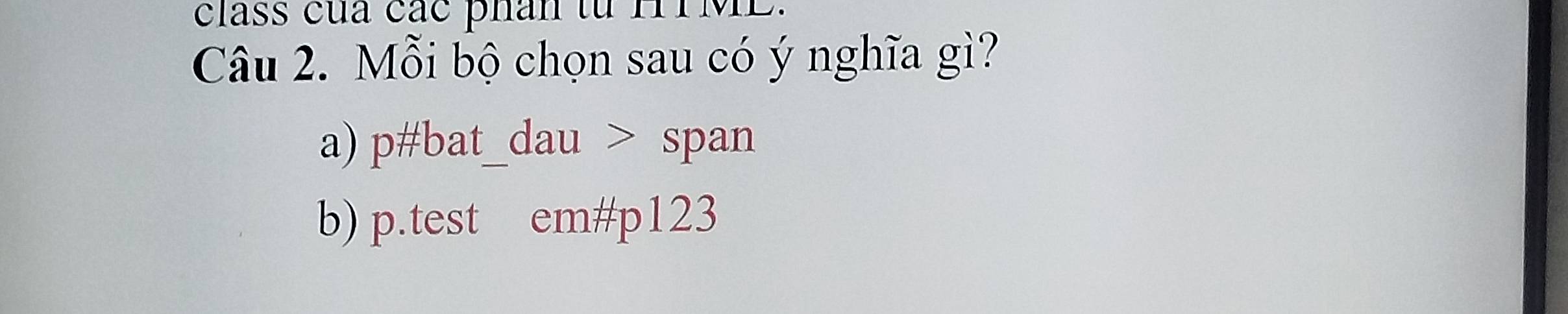 class của các phân từ HTML.
Câu 2. Mỗi bộ chọn sau có ý nghĩa gì?
a) p#bat_dau > span
b) p.test em# p123