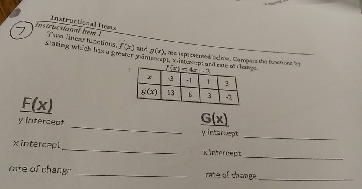 Instructional Items
Instructional Item 1
7 Two linear functions, f(x) and g(x) , are represented below. Compare the functions by
stating which has a greater y-intercept, x-intercept ange.
_ F(x)
_
y intercept
_ G(x)
y intercept
_
_
xintercept_ xintercept
rate of change_ rate of change_