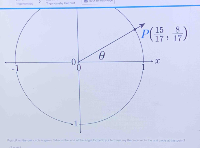 Trigonometry Trigonometry Unit Test  Back to intro Page
Point P on tunitWhat iine of the angle formeermal ray that intersects the unit circle at this point?