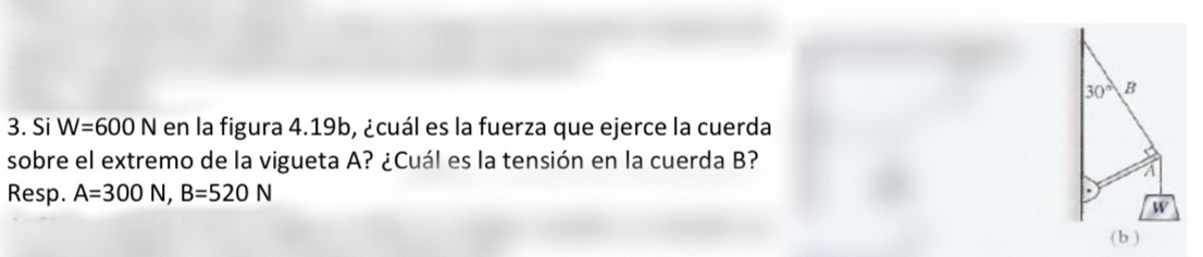 Si W=600N en la figura 4.19b, ¿cuál es la fuerza que ejerce la cuerda
sobre el extremo de la vigueta A? ¿Cuál es la tensión en la cuerda B?
Resp. A=300N,B=520N