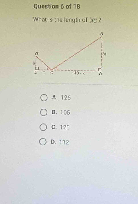 What is the length of overline AC ?
A. 126
B. 105
C. 120
D. 112