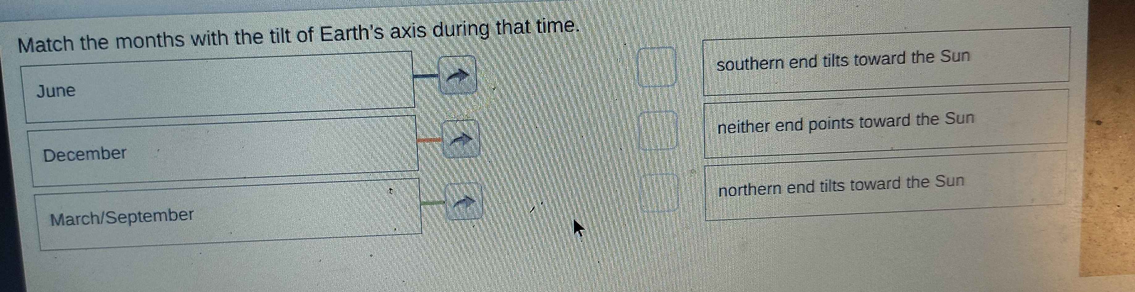Match the months with the tilt of Earth's axis during that time.
southern end tilts toward the Sun
June
December neither end points toward the Sun
March/September northern end tilts toward the Sun