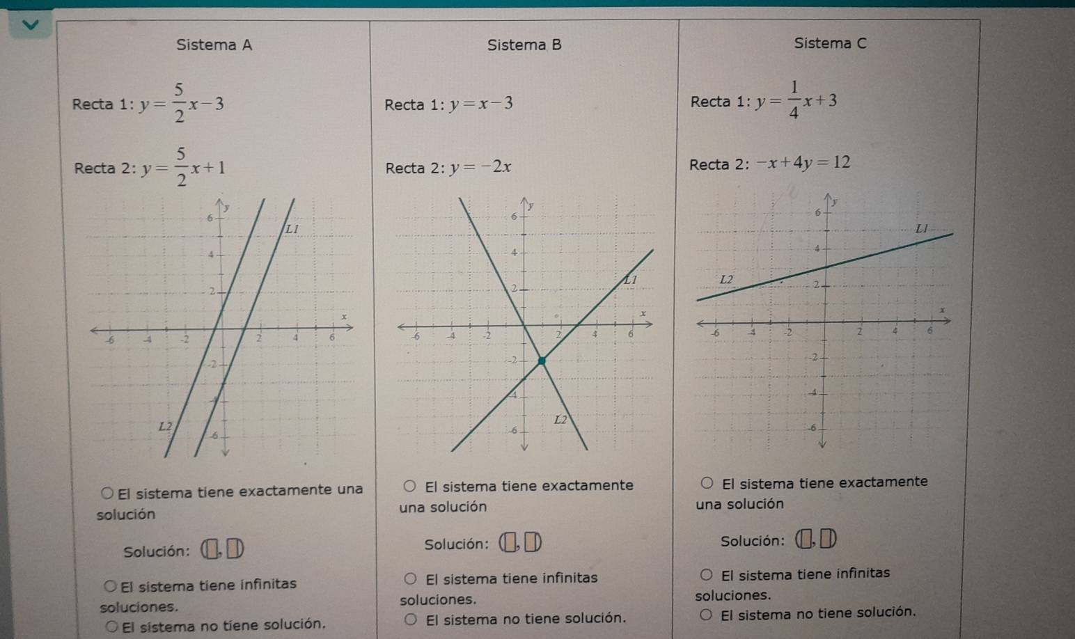 Sistema A Sistema B Sistema C
Recta 1 .: y= 5/2 x-3 Recta 1:y=x-3 Recta 1:y= 1/4 x+3
Recta 2 : : y= 5/2 x+1 Recta 2: :y=-2x Recta 2: -x+4y=12

El sistema tiene exactamente una El sistema tiene exactamente El sistema tiene exactamente
solución una solución una solución
Solución: Solución:
Solución: (□ ,□ ) (□ ,□ )
El sistema tiene infinitas El sistema tiene infinitas El sistema tiene infinitas
soluciones. soluciones. soluciones.
El sistema no tíene solución. El sistema no tiene solución. El sistema no tiene solución.