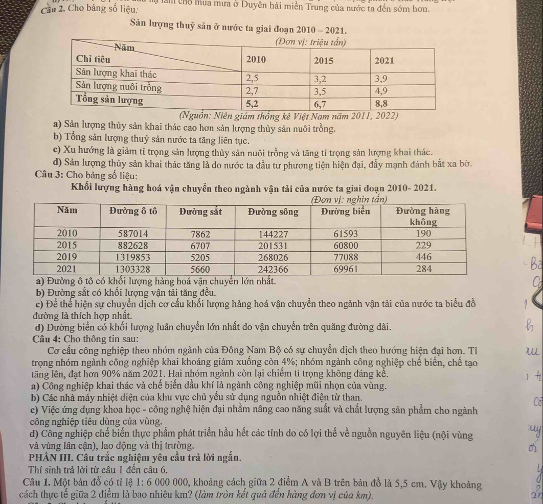 a cho mùa mưa ở Duyên hải miền Trung của nước ta đến sớm hơn.
Cầu 2. Cho bảng số liệu:
Sản lượng thuỷ sản ở nước ta giai đoạn 2010 - 2021.
Nguồn: Niên giám thống kê Việt Nam năm 2011, 2022)
a) Sản lượng thủy sản khai thác cao hơn sản lượng thủy sản nuôi trồng.
b) Tổng sản lượng thuỷ sản nước ta tăng liên tục.
c) Xu hướng là giảm tỉ trọng sản lượng thủy sản nuôi trồng và tăng tỉ trọng sản lượng khai thác.
d) Sản lượng thủy sản khai thác tăng là do nước ta đầu tư phương tiện hiện đại, đầy mạnh đánh bắt xa bờ.
Câu 3: Cho bảng số liệu:
Khối lượng hàng hoá vận chuyển theo ngành vận tải của nước ta giai đoạn 2010- 2021.
a) Đường ô tô có khối lượng hàng hoá vận chuyển lớn nhất.
b) Đường sắt có khối lượng vận tải tăng đều.
c) Để thể hiện sự chuyển dịch cơ cấu khối lượng hàng hoá vận chuyển theo ngành vận tải của nước ta biểu đồ
đường là thích hợp nhất.
d) Đường biển có khối lượng luân chuyển lớn nhất do vận chuyển trên quãng đường dài.
Câu 4: Cho thông tin sau:
Cơ cấu công nghiệp theo nhóm ngành của Đông Nam Bộ có sự chuyển dịch theo hướng hiện đại hơn. Ti
trọng nhóm ngành công nghiệp khai khoáng giảm xuống còn 4%; nhóm ngành công nghiệp chế biến, chế tạo
tăng lên, đạt hơn 90% năm 2021. Hai nhóm ngành còn lại chiếm tỉ trọng không đáng kể.
a) Công nghiệp khai thác và chế biến dầu khí là ngành công nghiệp mũi nhọn của vùng.
b) Các nhà máy nhiệt điện của khu vực chủ yếu sử dụng nguồn nhiệt điện từ than.
c) Việc ứng dụng khoa học - công nghệ hiện đại nhằm nâng cao năng suất và chất lượng sản phẩm cho ngành
công nghiệp tiêu dùng của vùng.
d) Công nghiệp chế biến thực phẩm phát triển hầu hết các tỉnh do có lợi thế về nguồn nguyên liệu (nội vùng
và vùng lân cận), lao động và thị trường.
PHÀN III. Cầu trắc nghiệm yêu cầu trả lời ngắn.
Thí sinh trả lời từ câu 1 đến câu 6.
Câu 1. Một bản đồ có tỉ lệ 1: 6 000 000, khoảng cách giữa 2 điểm A và B trên bản đồ là 5,5 cm. Vậy khoảng
cách thực tế giữa 2 điểm là bao nhiêu km? (làm tròn kết quả đến hàng đơn vị của km).