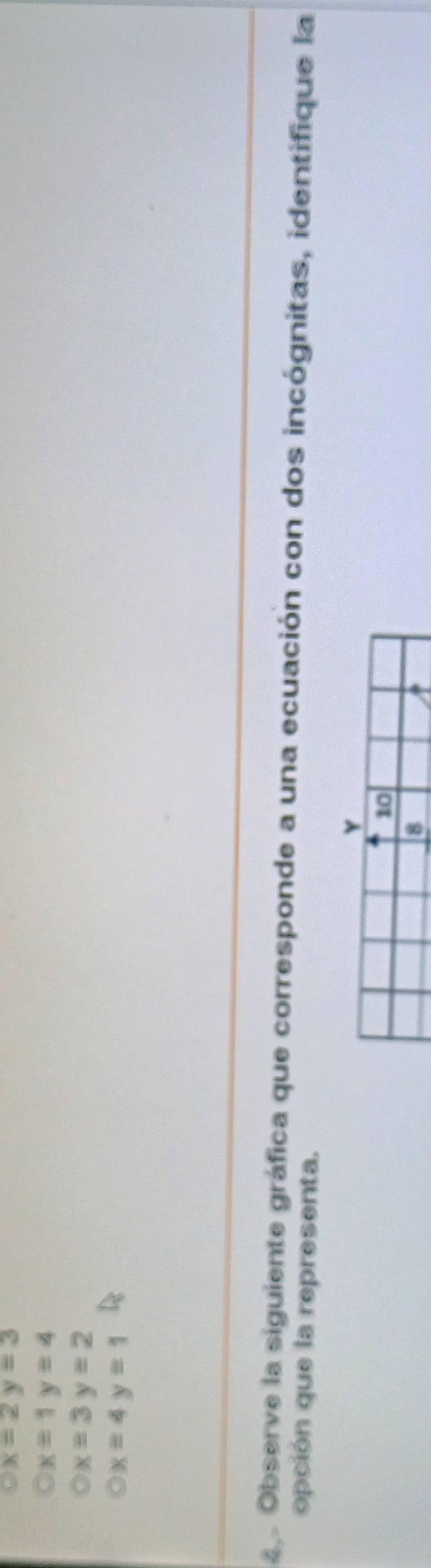 x=2y=3
x=1y=4
x=3y=2
x=4y=1
Observe la siguiente gráfica que corresponde a una ecuación con dos incógnitas, identifique la
opción que la representa.
Y
10
8