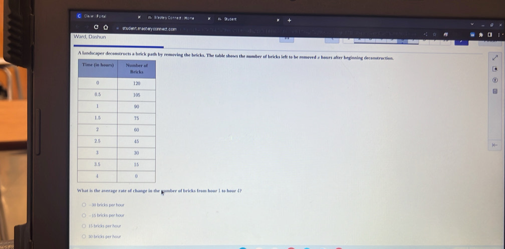 Cleve Porta 2 Mastery Connest Home Stusent
st uden t. mast ery conn ect . c om
Ward, Dashun
uu
A landscaper deconstructs a brick path by removing the bricks. The table shows the number of bricks left to be removed z hours after beginning deconstruction.
What is the average rate of change in the gumber of bricks from hour 1 to hour 4?
— 30 bricks per hour
— 15 bricks per hour
15 bricks per hour
30 bricks per hour