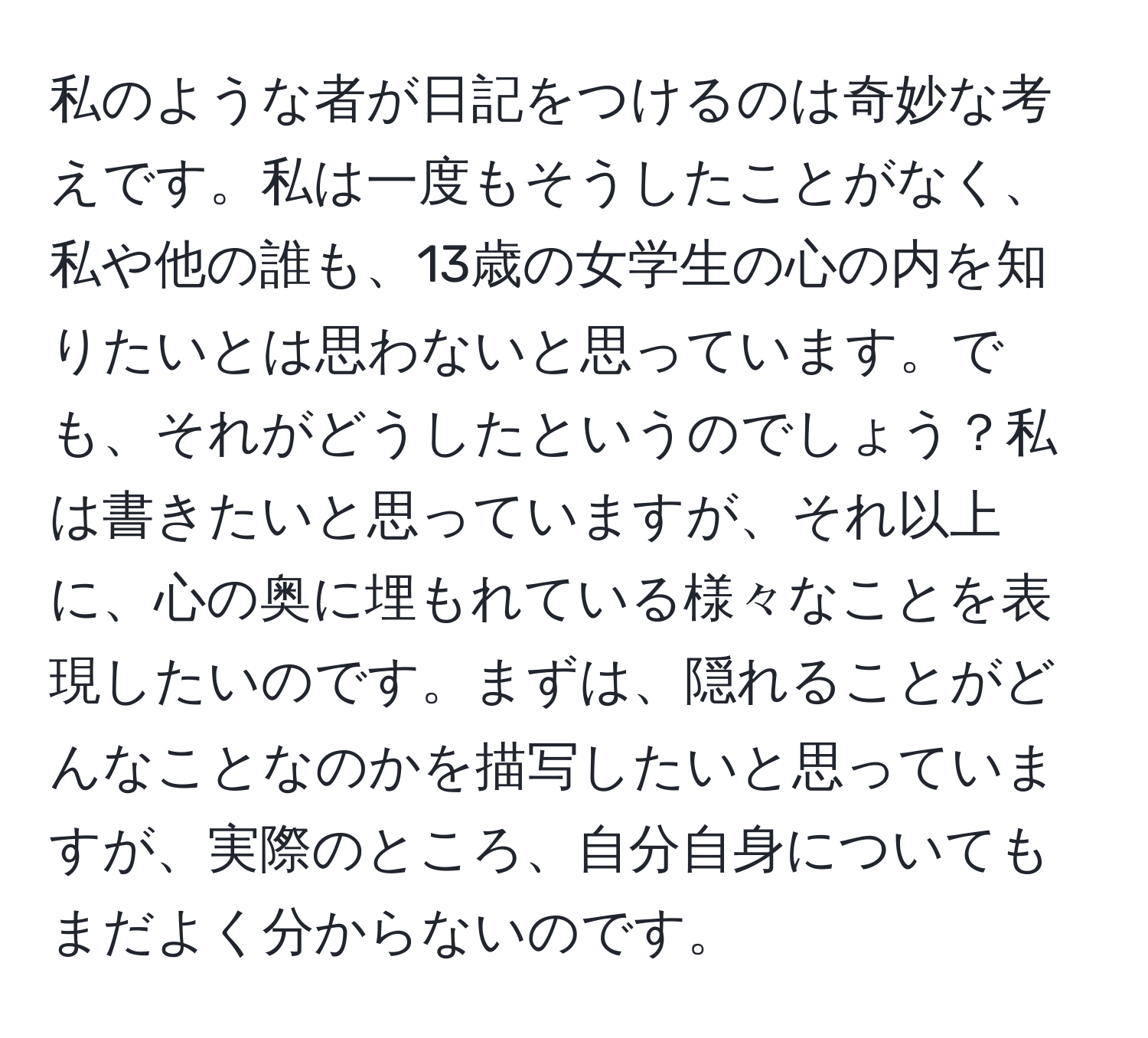 私のような者が日記をつけるのは奇妙な考えです。私は一度もそうしたことがなく、私や他の誰も、13歳の女学生の心の内を知りたいとは思わないと思っています。でも、それがどうしたというのでしょう？私は書きたいと思っていますが、それ以上に、心の奥に埋もれている様々なことを表現したいのです。まずは、隠れることがどんなことなのかを描写したいと思っていますが、実際のところ、自分自身についてもまだよく分からないのです。