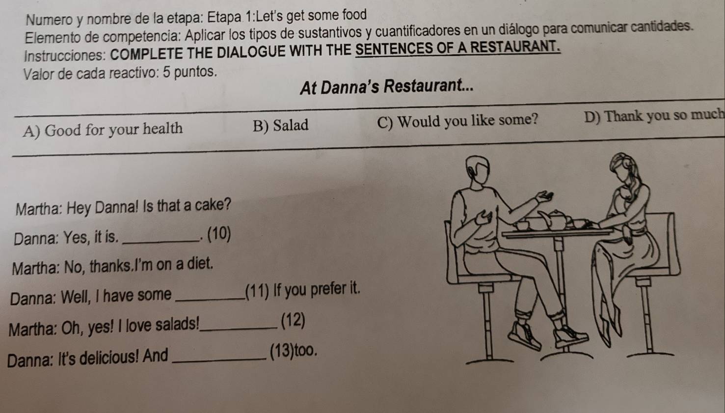 Numero y nombre de la etapa: Etapa 1:Let's get some food
Elemento de competencia: Aplicar los tipos de sustantivos y cuantificadores en un diálogo para comunicar cantidades.
Instrucciones: COMPLETE THE DIALOGUE WITH THE SENTENCES OF A RESTAURANT.
Valor de cada reactivo: 5 puntos.
At Danna’s Restaurant...
A) Good for your health B) Salad C) Would you like some? D) Thank you so much
Martha: Hey Danna! Is that a cake?
Danna: Yes, it is. _. (10)
Martha: No, thanks.I'm on a diet.
Danna: Well, I have some_ (11) If you prefer it.
Martha: Oh, yes! I love salads!_
(12)
Danna: It's delicious! And _(13)too.