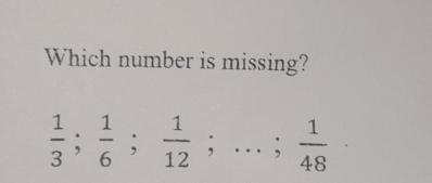 Which number is missing?
 1/3 ;  1/6 ;  1/12 ;...;  1/48  ·