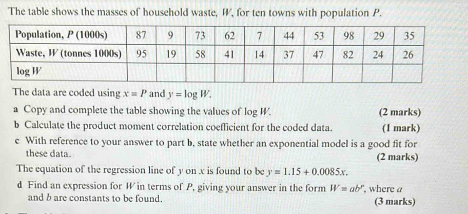 The table shows the masses of household waste, W, for ten towns with population P. 
The data are coded using x=P and y=log W. 
a Copy and complete the table showing the values of log W. (2 marks) 
b Calculate the product moment correlation coefficient for the coded data. (1 mark) 
c With reference to your answer to part b, state whether an exponential model is a good fit for 
these data. (2 marks) 
The equation of the regression line of y on x is found to be y=1.15+0.0085x. 
d Find an expression for W in terms of P, giving your answer in the form W=ab^P , where a 
and b are constants to be found. (3 marks)