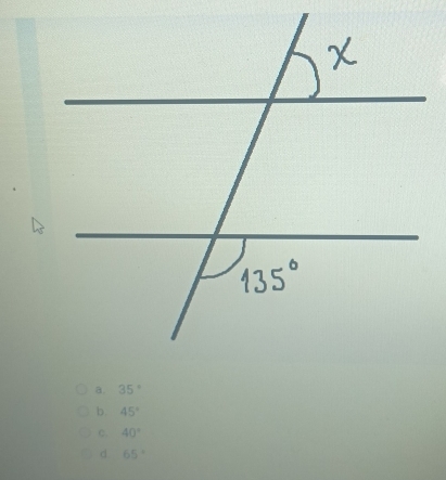 a. 35°
b. 45°
c. 40°
d 65°