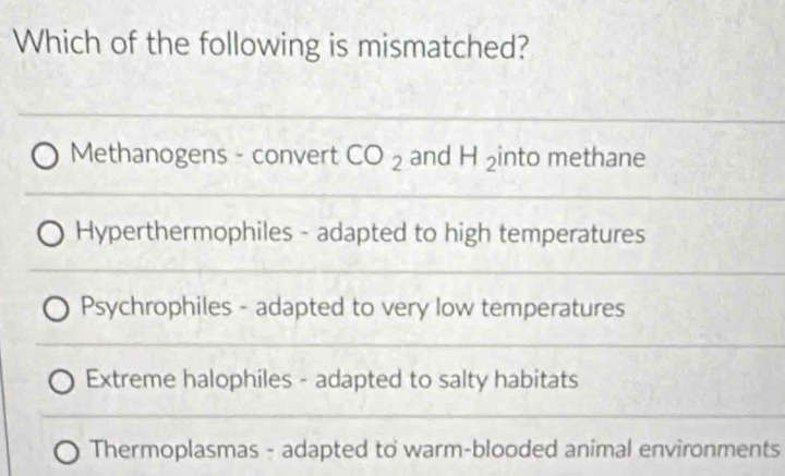 Which of the following is mismatched?
Methanogens - convert CO_2 and H ₂into methane
Hyperthermophiles - adapted to high temperatures
Psychrophiles - adapted to very low temperatures
Extreme halophiles - adapted to salty habitats
Thermoplasmas - adapted to warm-blooded animal environments