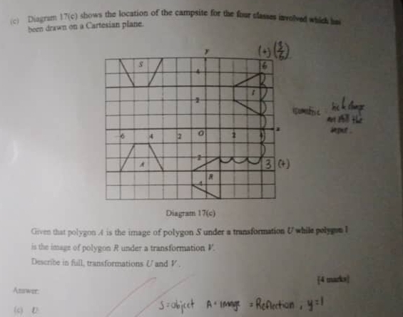 Diagram 17(c) shows the location of the campsite for the foor classes involved which ha 
been drawn on a Cartesian plane.
s
4
1
1
1
6 4 2 0 2
1
A
R
4
Diagram 17(c) 
Given that polygon A is the image of polygon S under a transformation U while polygan I
is the image of polygon R under a transformation V. 
Describe in full, transformations U and V. 
[4 marks 
Answer. 
(c) D