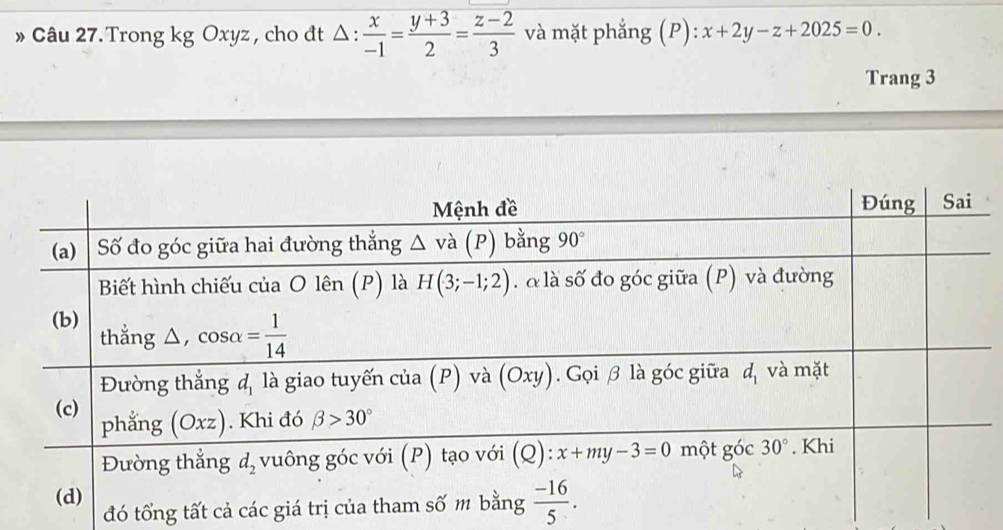 » Câu 27. Trong kg Oxyz , cho đt Δ : △ : x/-1 = (y+3)/2 = (z-2)/3  và mặt phẳng (P): x+2y-z+2025=0.
Trang 3
đó tổng tất cả c