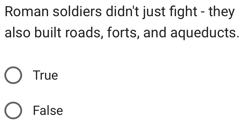 Roman soldiers didn't just fight - they
also built roads, forts, and aqueducts.
True
False