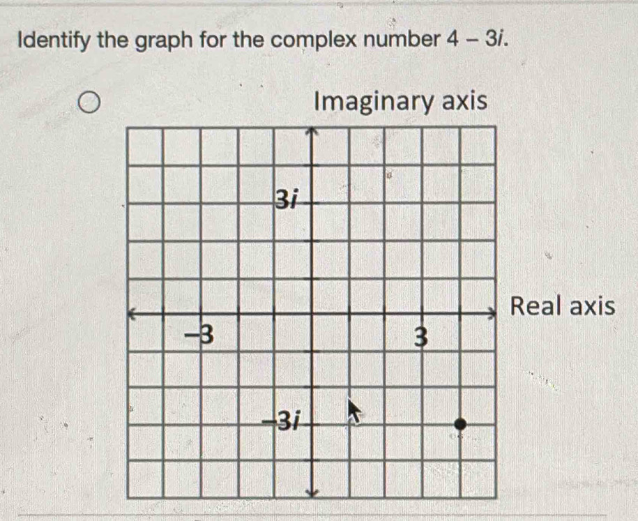 Identify the graph for the complex number 4-3i. 
Imaginary axis 
Real axis