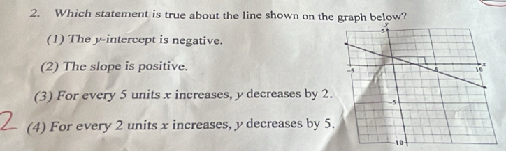 Which statement is true about the line shown on the graph below?
(1) The y-intercept is negative.
(2) The slope is positive.
(3) For every 5 units x increases, y decreases by 2.
(4) For every 2 units x increases, y decreases by 5