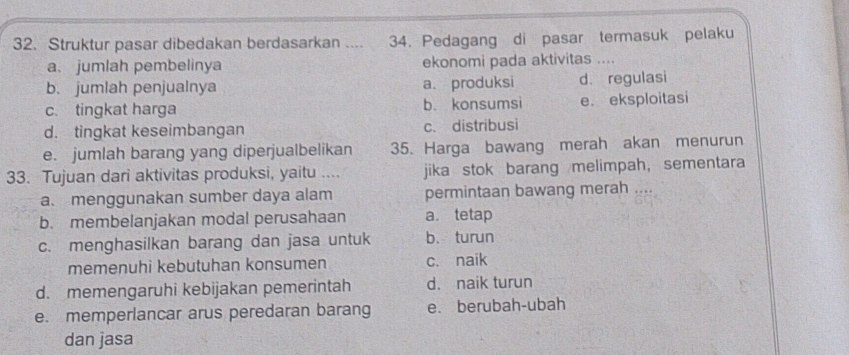 Struktur pasar dibedakan berdasarkan .... 34. Pedagang di pasar termasuk pelaku
a. jumlah pembelinya ekonomi pada aktivitas ....
b. jumlah penjualnya a. produksi d. regulasi
c. tingkat harga b. konsumsi e. eksploitasi
d. tingkat keseimbangan c. distribusi
e. jumlah barang yang diperjualbelikan 35. Harga bawang merah akan menurun
33. Tujuan dari aktivitas produksi, yaitu .... jika stok barang melimpah， sementara
a. menggunakan sumber daya alam permintaan bawang merah . .
b. membelanjakan modal perusahaan a. tetap
c. menghasilkan barang dan jasa untuk b、 turun
memenuhi kebutuhan konsumen c. naik
d. memengaruhi kebijakan pemerintah d. naik turun
e. memperlancar arus peredaran barang e. berubah-ubah
dan jasa