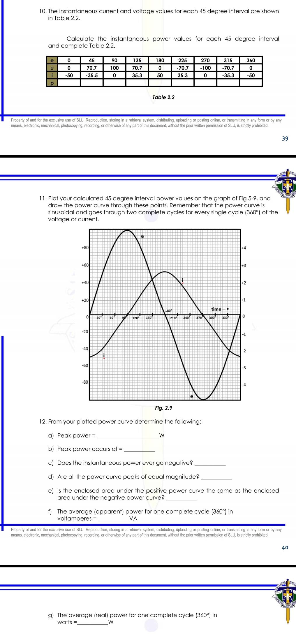 The instantaneous current and voltage values for each 45 degree interval are shown 
Calculate the instantaneous power values for each 45 degree interval 
and complete Table 2.2. 
Table 2.2
Property of and for the exclusive use of SLU. Reproduction, storing in a retrieval system, distributing, uploading or posting online, or transmitting in any form or by any 
means, electronic, mechanical, photocopying, recording, or otherwise of any part of this document, without the prior written permission of SLU, is strictly prohibited. 
39 
11. Plot your calculated 45 degree interval power values on the graph of Fig 5-9, and 
draw the power curve through these points. Remember that the power curve is 
sinusoidal and goes through two complete cycles for every single cycle (360°) of the 
voltage or current. 
12. From your plotted power curve determine the following: 
a) Peak power =_  w
b) Peak power occurs at =_ 
c) Does the instantaneous power ever go negative?_ 
d) Are all the power curve peaks of equal magnitude? 
e) Is the enclosed area under the positive power curve the same as the enclosed 
area under the negative power curve?_ 
f) The average (apparent) power for one complete cycle (360°) in 
_VA 
Property of and for the exclusive use of SLU. Reproduction, storing in a retrieval system, distributing, uploading or posting online, or transmitting in any form or by any 
means, electronic, mechanical, photocopying, recording, or otherwise of any part of this document, without the prior written permission of SLU, is strictly prohibited. 
40 
g) The average (real) power for one complete cycle (360°) in 
_
watts = W