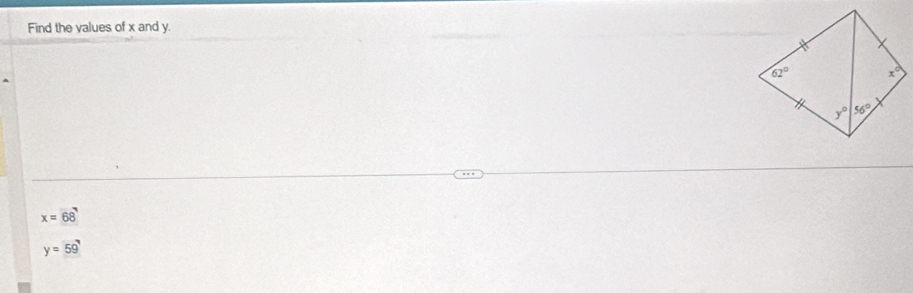 Find the values of x and y.
x=68
y=59