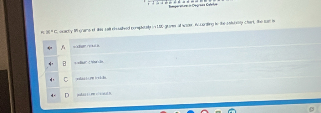 6 10 10 90 20 30 % 60 40 50 5ó 6
Temperature in Degress Celsius
Al 30°C , exactly 95 grams of this salt dissolved completely in 100 grams of water. According to the solubility chart, the salt is
A sodium nitrate.
B sodium chloride.
C potassium iodide.
potassium chlorate.