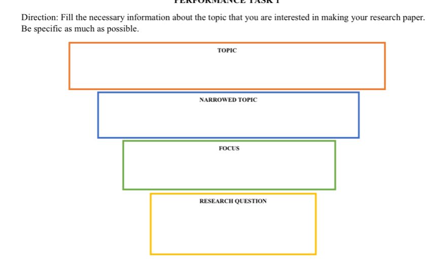 Direction: Fill the necessary information about the topic that you are interested in making your research paper. 
Be specific as much as possible. 
TOPIC 
NARROWED TOPIC 
FOCUS 
RESEARCH QUESTION