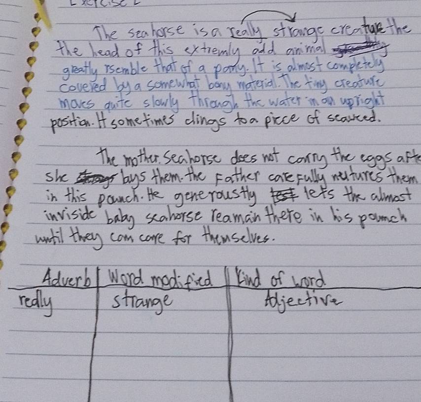 The seahorse is a really stronge creatare the
the head of this extremly old animal
greatly reemble that of a pany. It is almost completely
covered by a somewhat bony material. The tiny creature
moves quite slowly through the water in on upright
position. If sometimes clings to a picce of scarted.
The mother. Seahorse does not conry the eggs aft
she bys them. the Father carefully nutures them
in this pounch. He gene rousfly lets the almost
inviside baby scahorse reamain there in his pounch
wotil they cam care for themselves.
Adverb Word medified kind of word.
really strange tojective