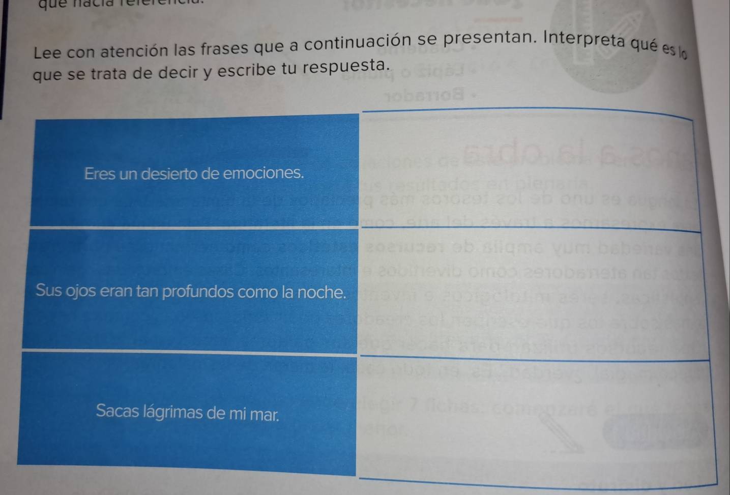 que nacia r 
Lee con atención las frases que a continuación se presentan. Interpreta qué es lo 
que se trata de decir y escribe tu respuesta.