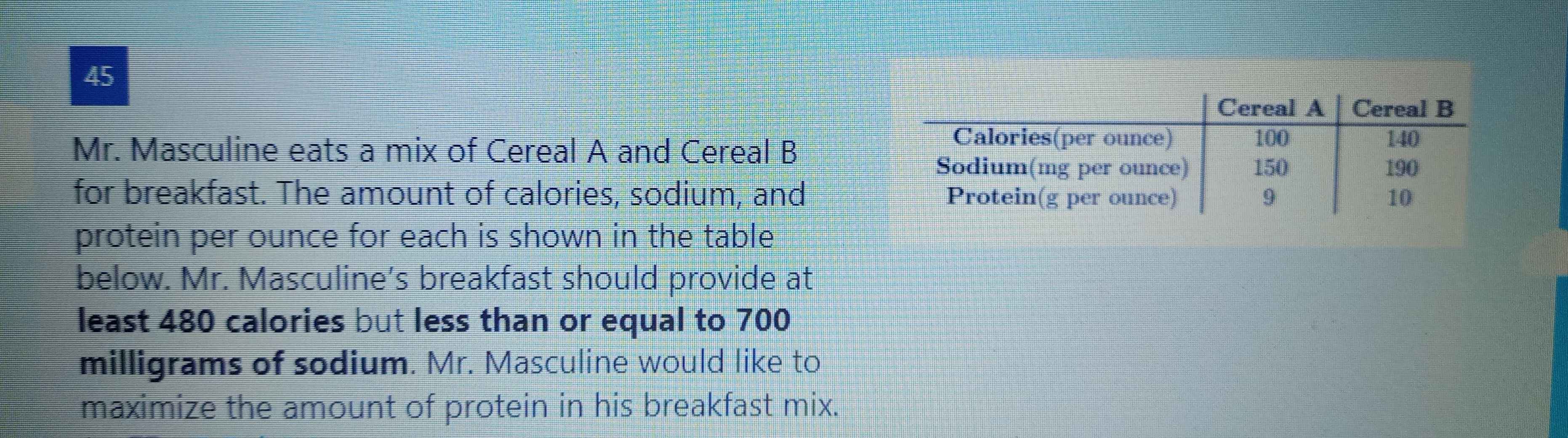 Mr. Masculine eats a mix of Cereal A and Cereal B 
for breakfast. The amount of calories, sodium, and 
protein per ounce for each is shown in the table 
below. Mr. Masculine’s breakfast should provide at 
least 480 calories but less than or equal to 700
milligrams of sodium. Mr. Masculine would like to 
maximize the amount of protein in his breakfast mix.