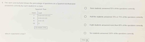 The stem and leaf plot shows the percentage of questions on a Spanish test that were
answered correctly by each student in a class. Nine students answered 55% of the questions correctly.
Spanish Test
Stem Leaf
7 0 0 0 5 5 5 5 5
8 0 005 5 5 Half the students answered 70% or 75% of the questions correctly.
9 0 0 55
10 0 Eight students answered more than 80% of the questions correctly.
7]D means 70%
Which statement is true? Ten students answered 100% of the questions correctly.
Clear All